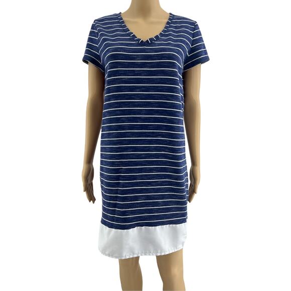 Merona LARGE Blue White Striped Short Sleeve Column Shift T-Shirt Mini Dress - Picture 1 of 7